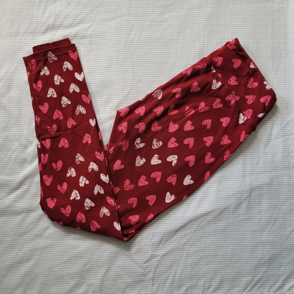 LuLaRoe Valentine's leggings red with hearts pink and white OS one size